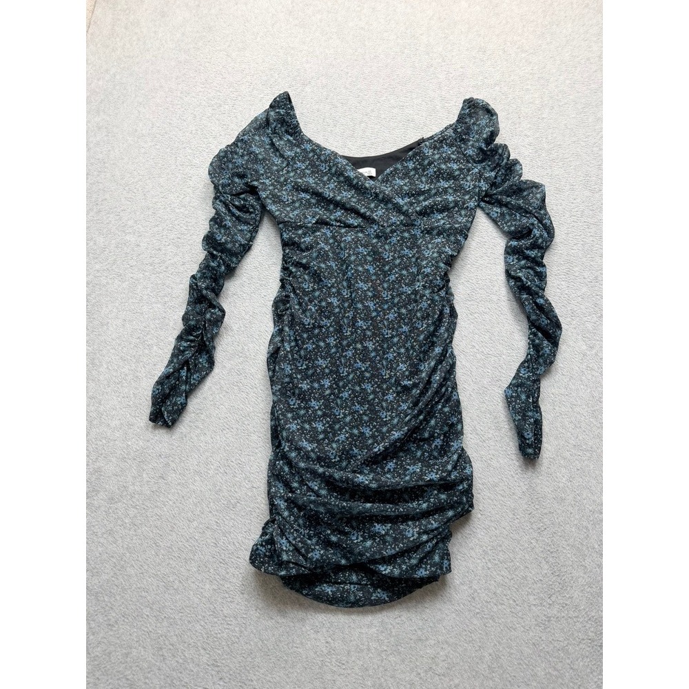 Hollister Womens Blue Floral Mesh Ruched Long Sleeve Mini Dress V-Neck XS
